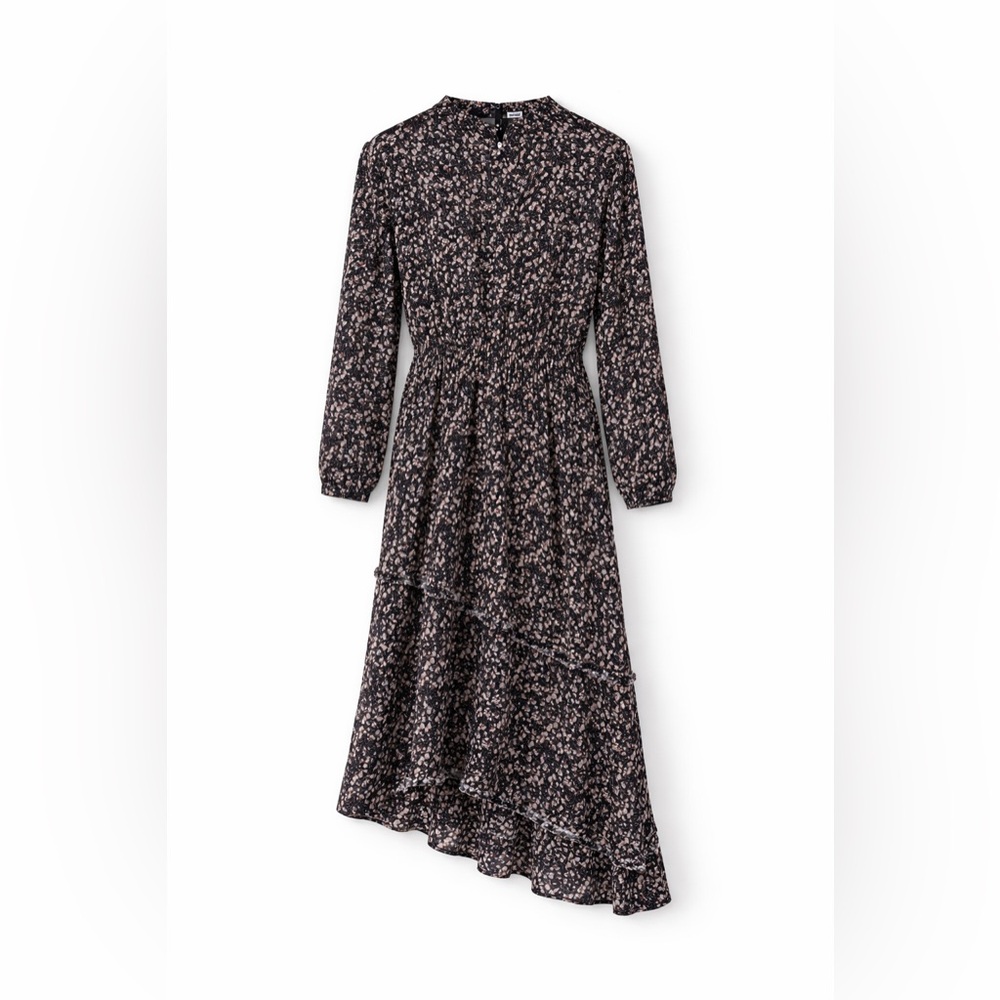 Harper Black Floral Midi Dress M Long Sleeve Smocked Waist Asymmetrical Hem